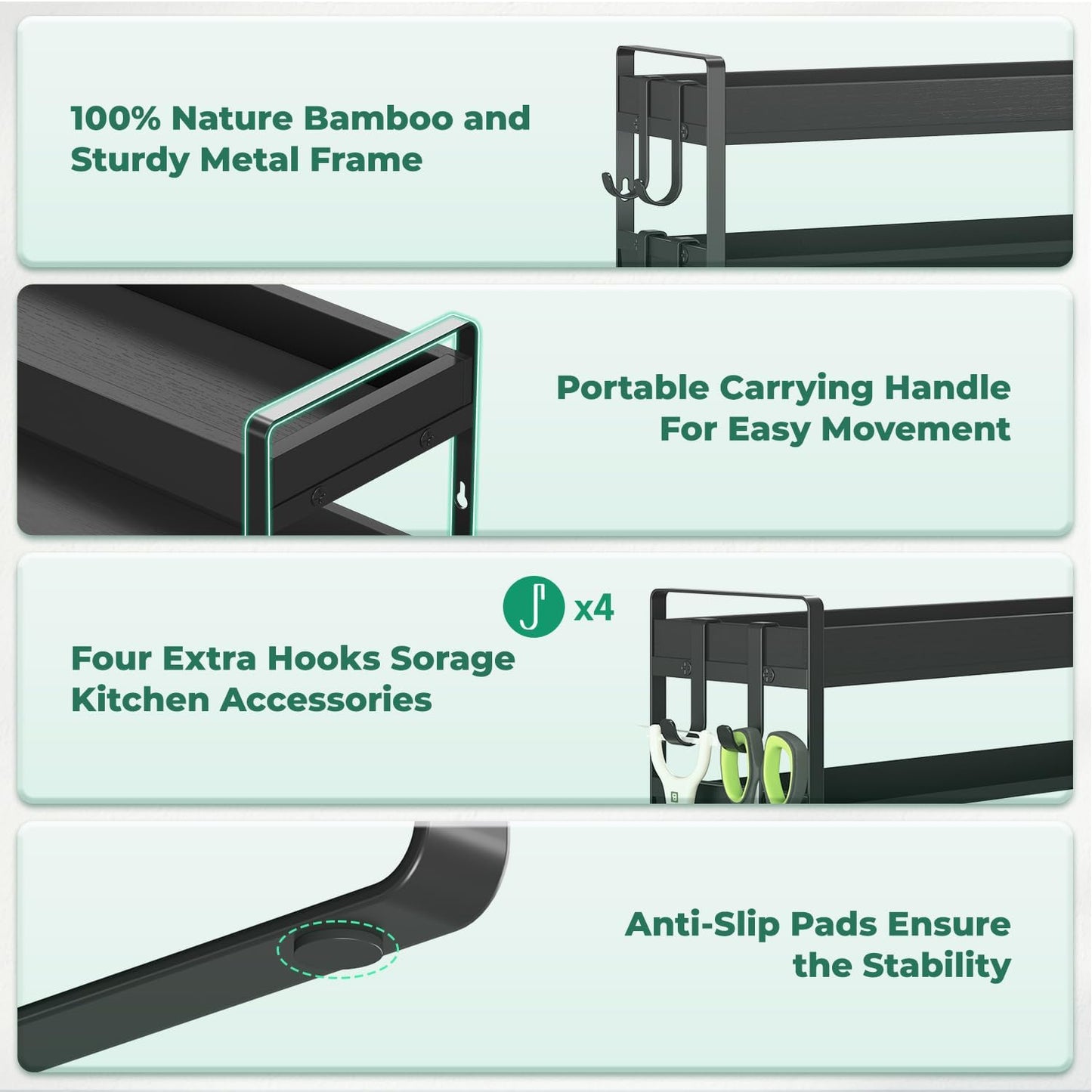 EsLuker.ly Spice Seasoning Rack Organizer Kitchen Countertop, 4 Tier Bamboo Spice Shelf Holder Storage with 4 Hooks, Wall Mounted Freestanding Stand for Pantry, Black (Jars Not Included)