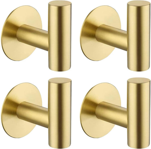 Adhesive Towel Hooks, Heavy Duty Wall Hooks Stainless Steel Waterproof Shower Towel Hooks - 4 Pack, Gold