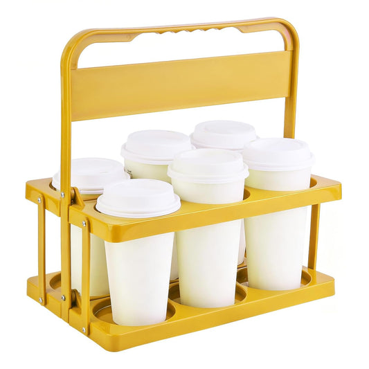 Bodaon 6 Cup Drink Carrier with Handle, Plastic Cup Holders for GrubHub/Doordash Delivery, Reusable Foldable Car Drink Caddy, Leakproof Food Delivery Accessories, 360° Secure Grip, Yellow