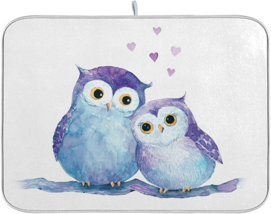 Cute Owl Dish Drying Mat for Kitchen Counter Absorbent Microfiber Drying Pad, Large 18x24 in, Reversible Drainer Mats
