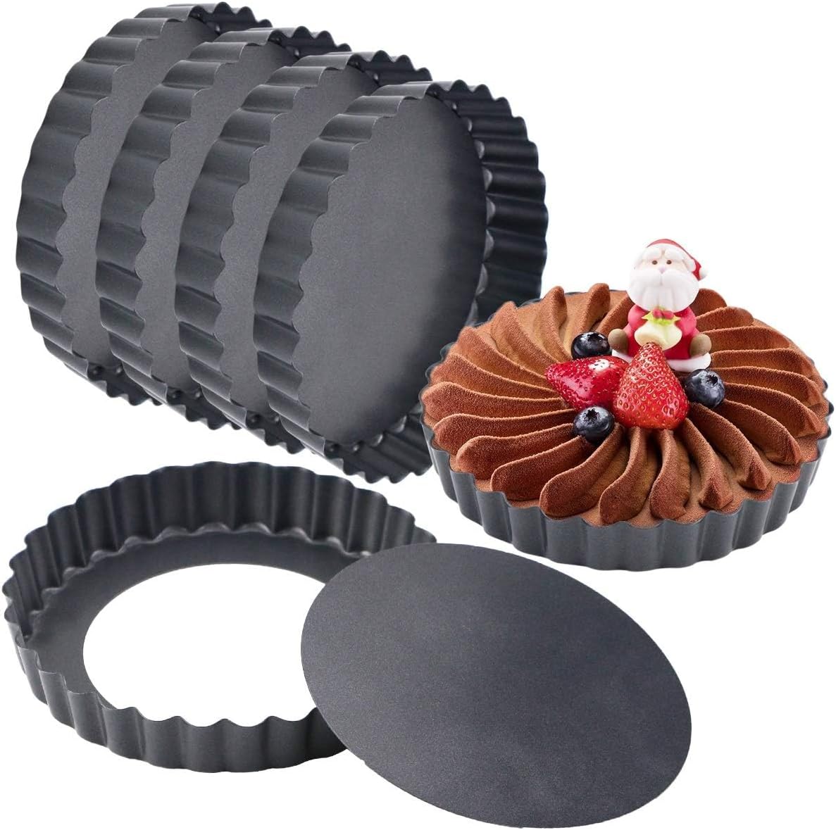 6 Pack 5 Inch Mini Tart Pans with Removable Bottom, Nonstick Round Quiche Pan Heavy Duty Fluted Sides for Tartlets, Mousse Cakes, Dessert Baking