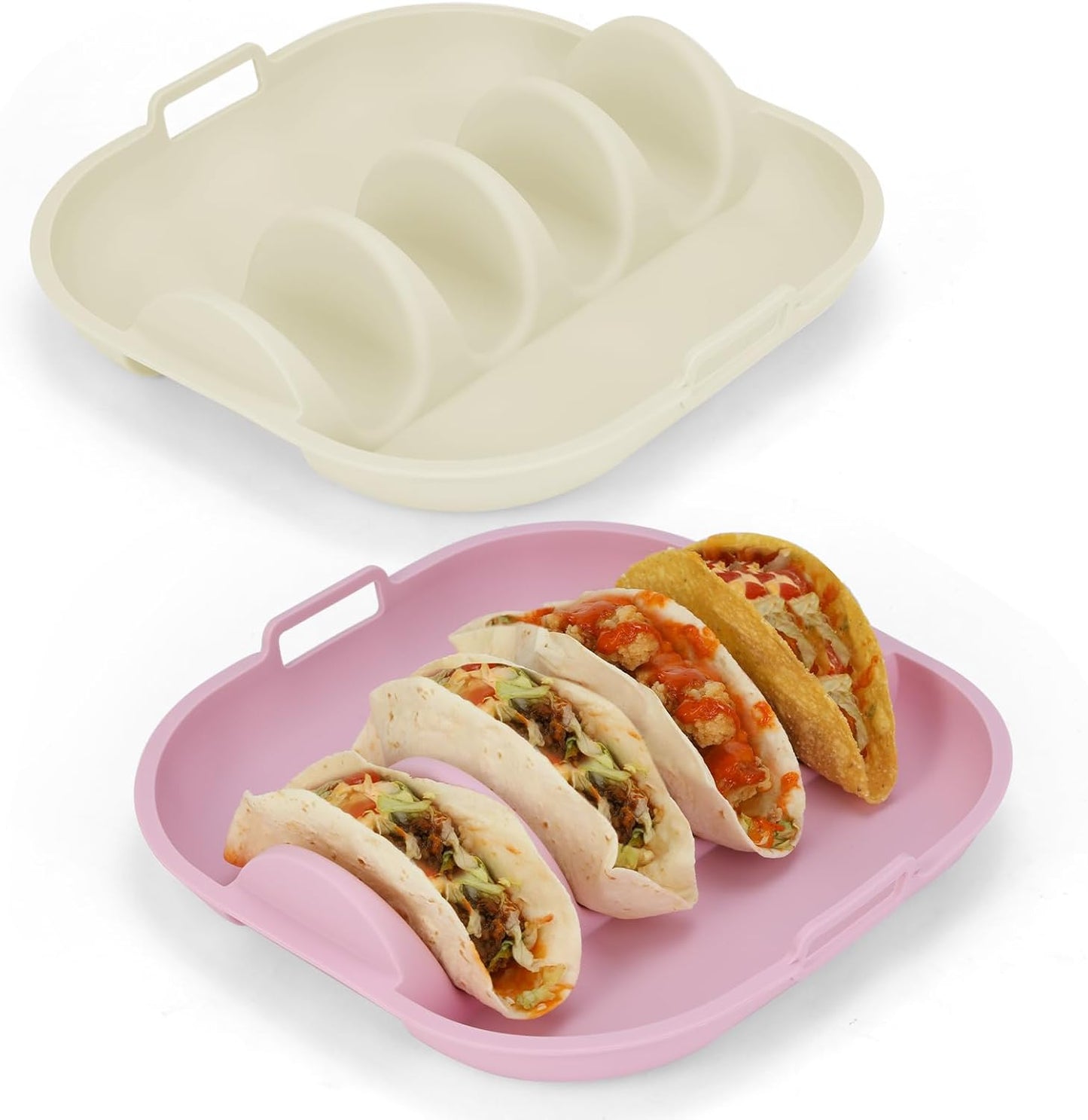 Silicone Taco Holder 2 Pack,10.2in Upgrade Reusable Taco Plates with Dividers,Fiesta Tacos Holder Tray.Taco Serving Plates, Dishwasher & Microwave Safe(2, WHITE+PINK)