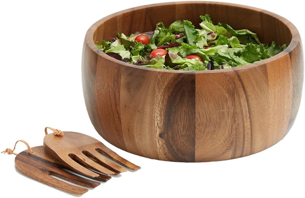 Acacia Wood 10” Salad Serving Bowl with Salad Hands 3 Piece Set by Woodard & Charles