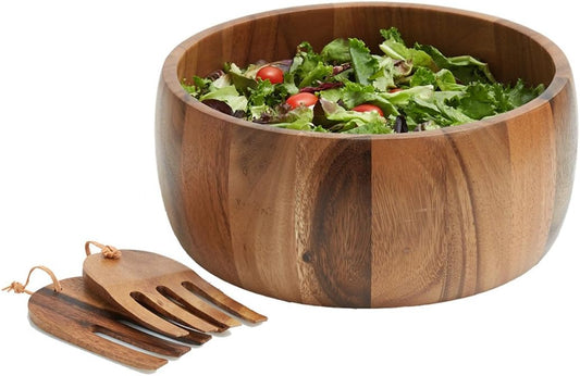 Acacia Wood 10” Salad Serving Bowl with Salad Hands 3 Piece Set by Woodard & Charles