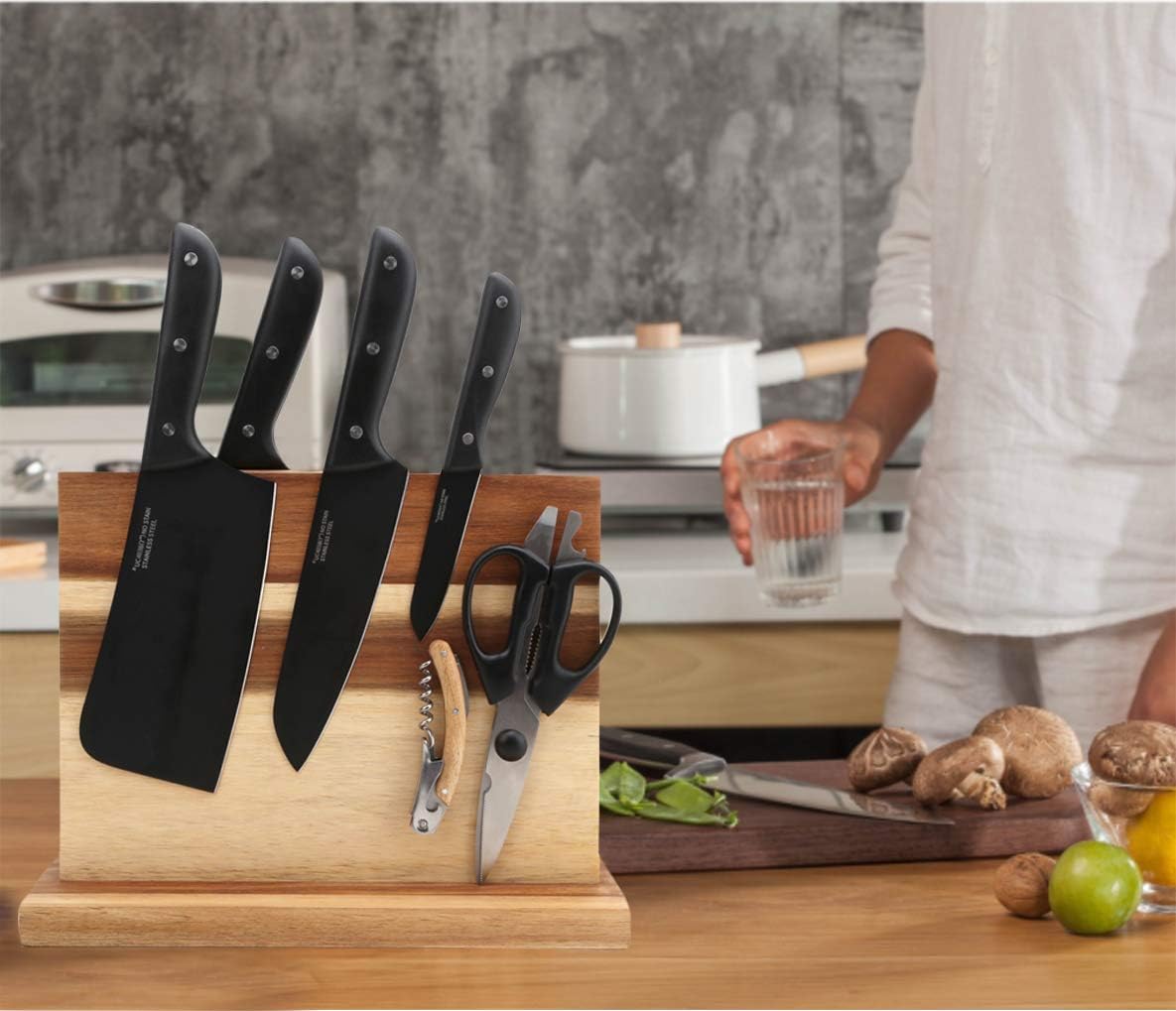 Resafy Large Magnetic Knife Holder,Acacia Wooden Magnetic Knife Block 12 X 10 Inches,Rack Magnetic Universal Stands with Strong Enhanced Magnets Strip Kitchen Storage Cutlery Organizer Without Knifves