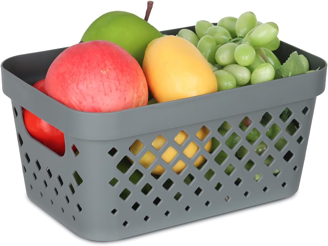 Glad Plastic Baskets for Organizing, Set of 6 | Pantry Storage for Under Counter, Linen Closet, and Bathroom | Nesting Shelf Bins with Handles, 1 Gallon, Grey