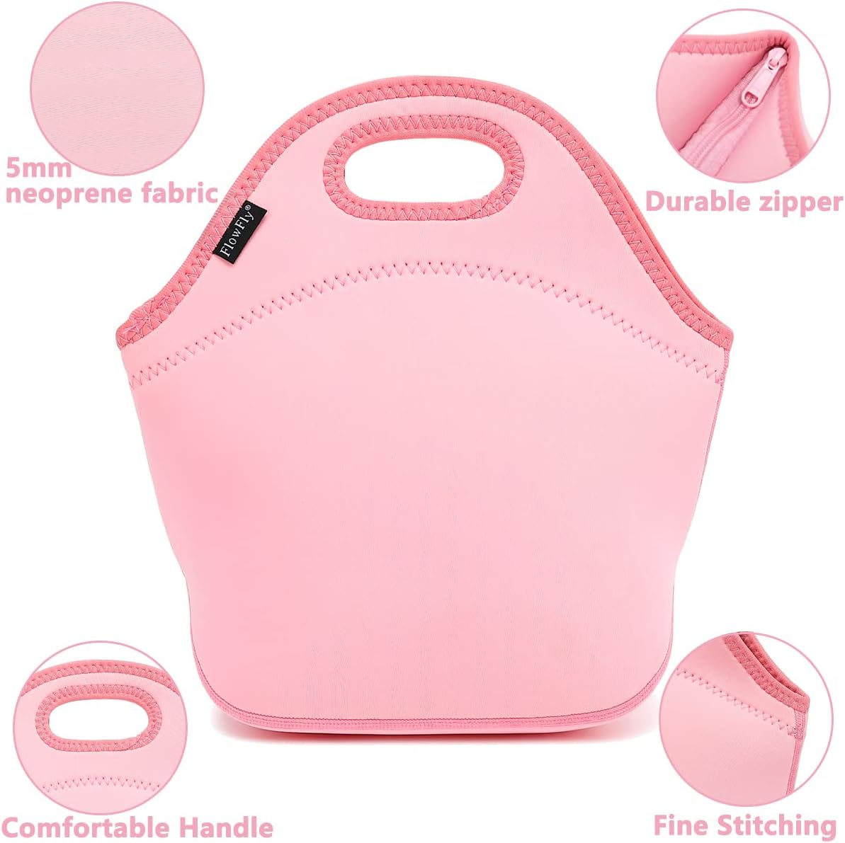 FlowFly Neoprene Kids Lunch box Insulated Soft Bag Mini Cooler Thermal Meal Tote Kit for Boys, Girls,Men,Women,School,Work, Office, Pink