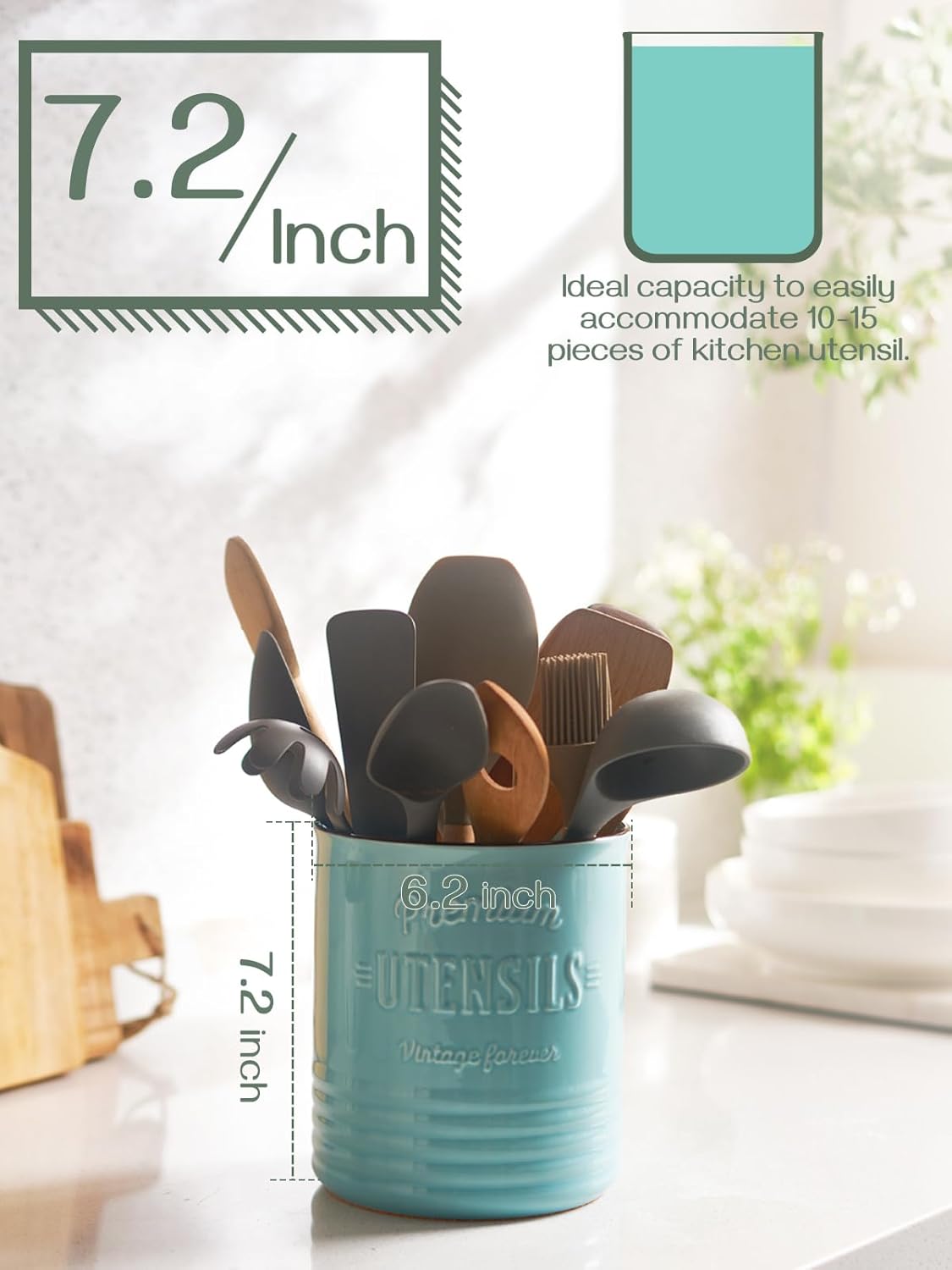 DOWAN 7.2″ Extra Large Kitchen Utensil Holder - Farmhouse Utensil Holder for Countertop - Ceramic Utensil Crock with Protection Cork Mat - Kitchen Decor & Housewarming Gift (Turquoise)