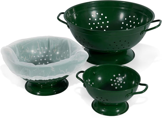 Metal Colander Set of 3, Strainer Basket with Handles perfect for Spaghetti, Pasta, Berry, Vegetable, Fruit, Solid Base Powder Coated Kitchen Essential Strainer Set, 1 & 3.5 & 5 Qt (Dark Green)