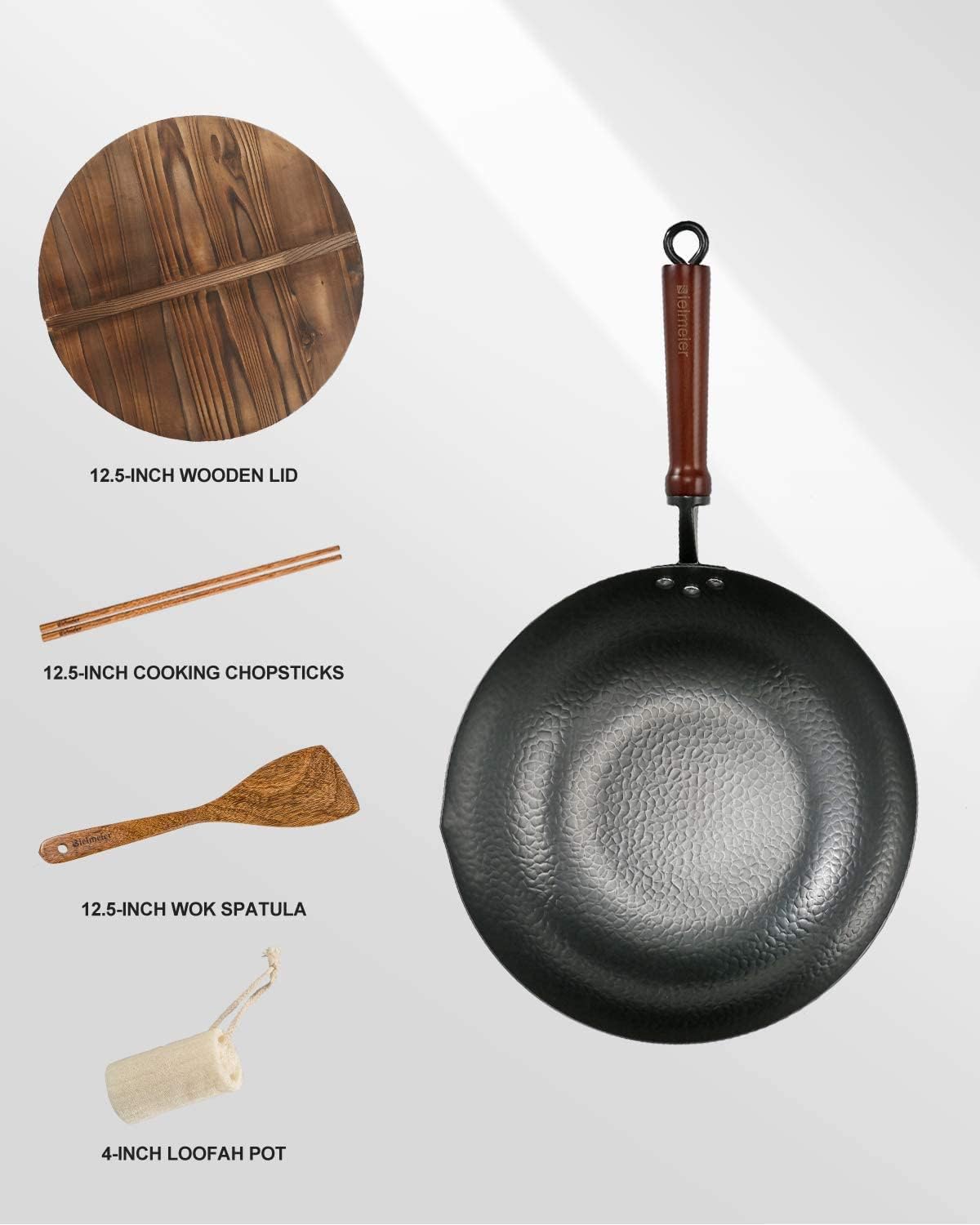 Wok Pan 12.5", Woks and Stir Fry Pans with lid, Carbon Steel Wok with Cookware Accessories, Flat Bottom Suits for all Stoves