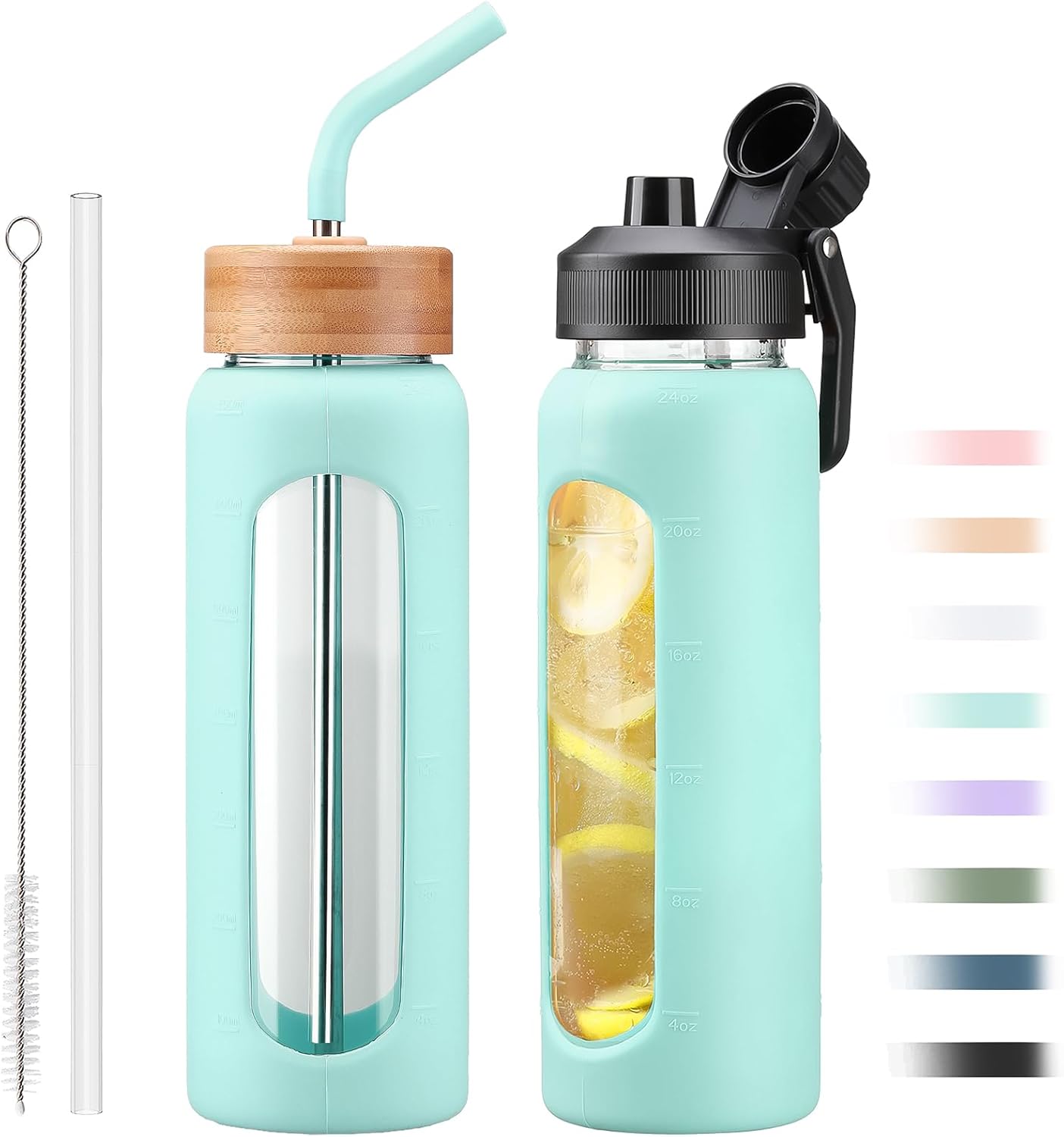 Glass Water Bottle with Straw, 24oz Glass Drinking Bottle with 2 Lids-Bamboo and Spout Lid with Phone Holder Handle for Gym Sports,with Silicone Sleeve and Time Marker,Mint Green