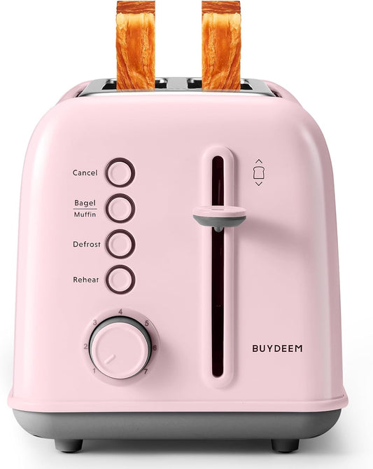 BUYDEEM DT620 2-Slice Toaster, Extra Wide Slots, Retro Stainless Steel with High Lift Lever, Bagel and Muffin Function, Removal Crumb Tray, 7-Shade Settings,Pink