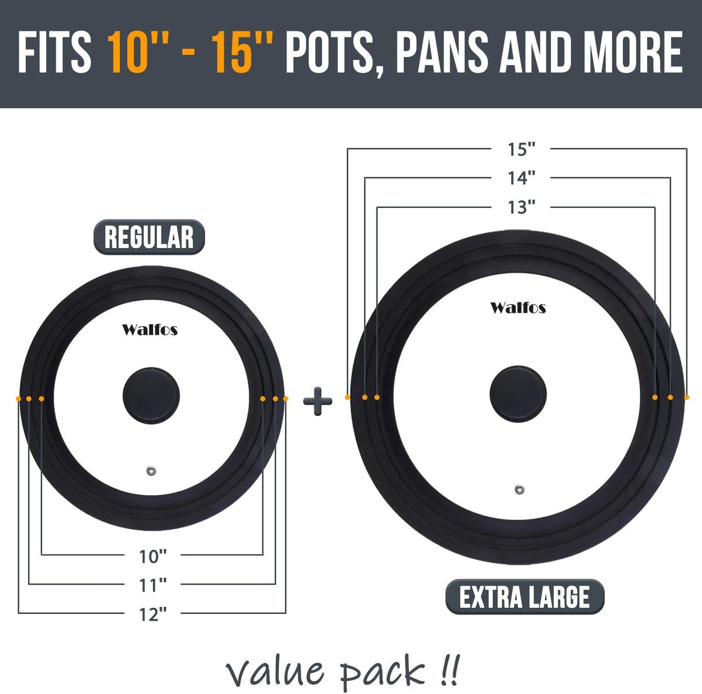 Walfos 2 Pcs Universal Pot Lids, Frying Pan Lid with Heat Resistant Silicone Rim, Fits All 10", 11", 12" to 13", 14", 15" Diameter Cookware, Pots, Pans and Skillets, BPA Free and Dishwasher Safe