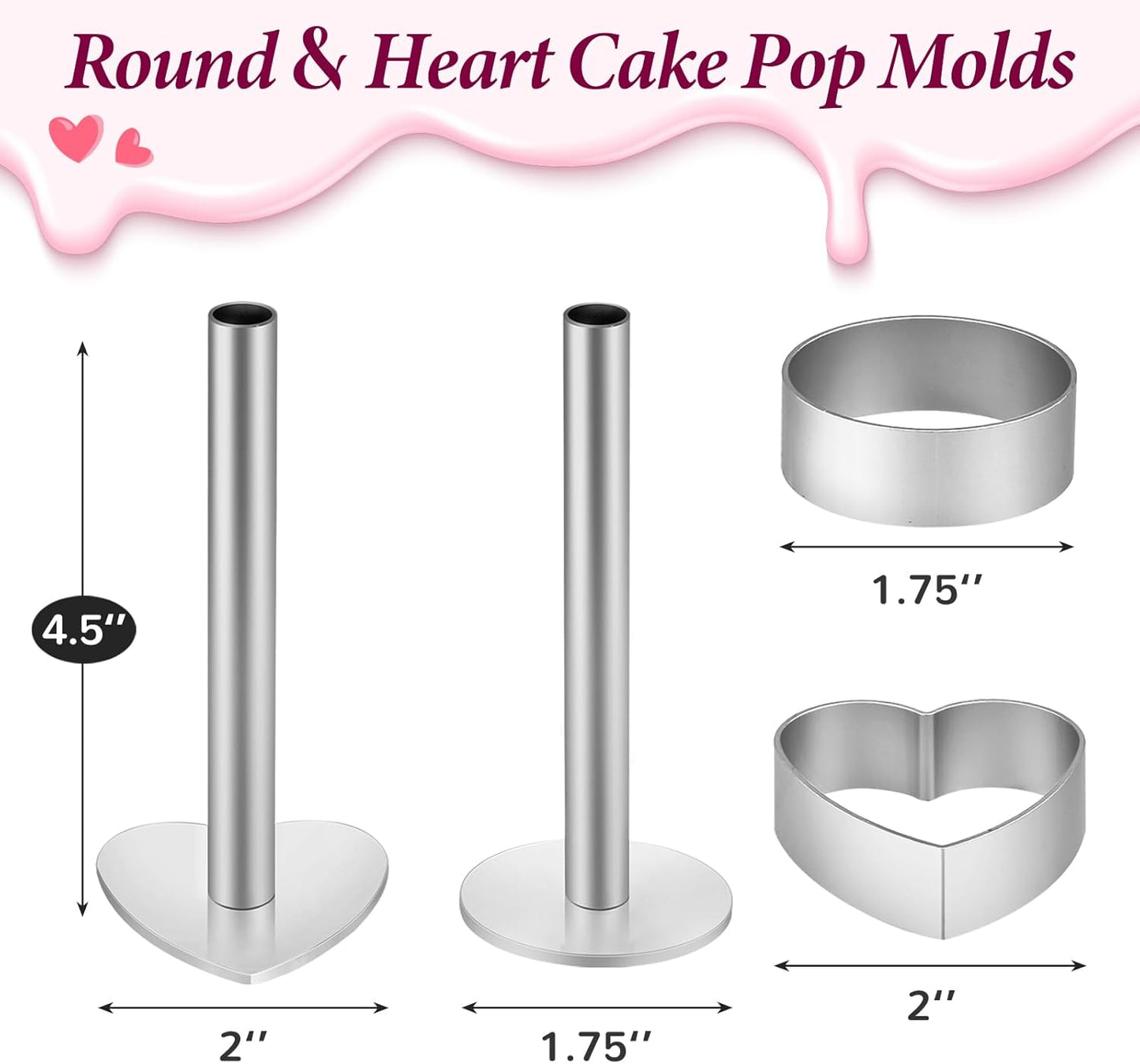 Webake Circle and Heart Cake Pop Cutter and Pusher, 304 Stainless Steel Cake Pop Molds, Easy Use, Non Toxic, Set of 4