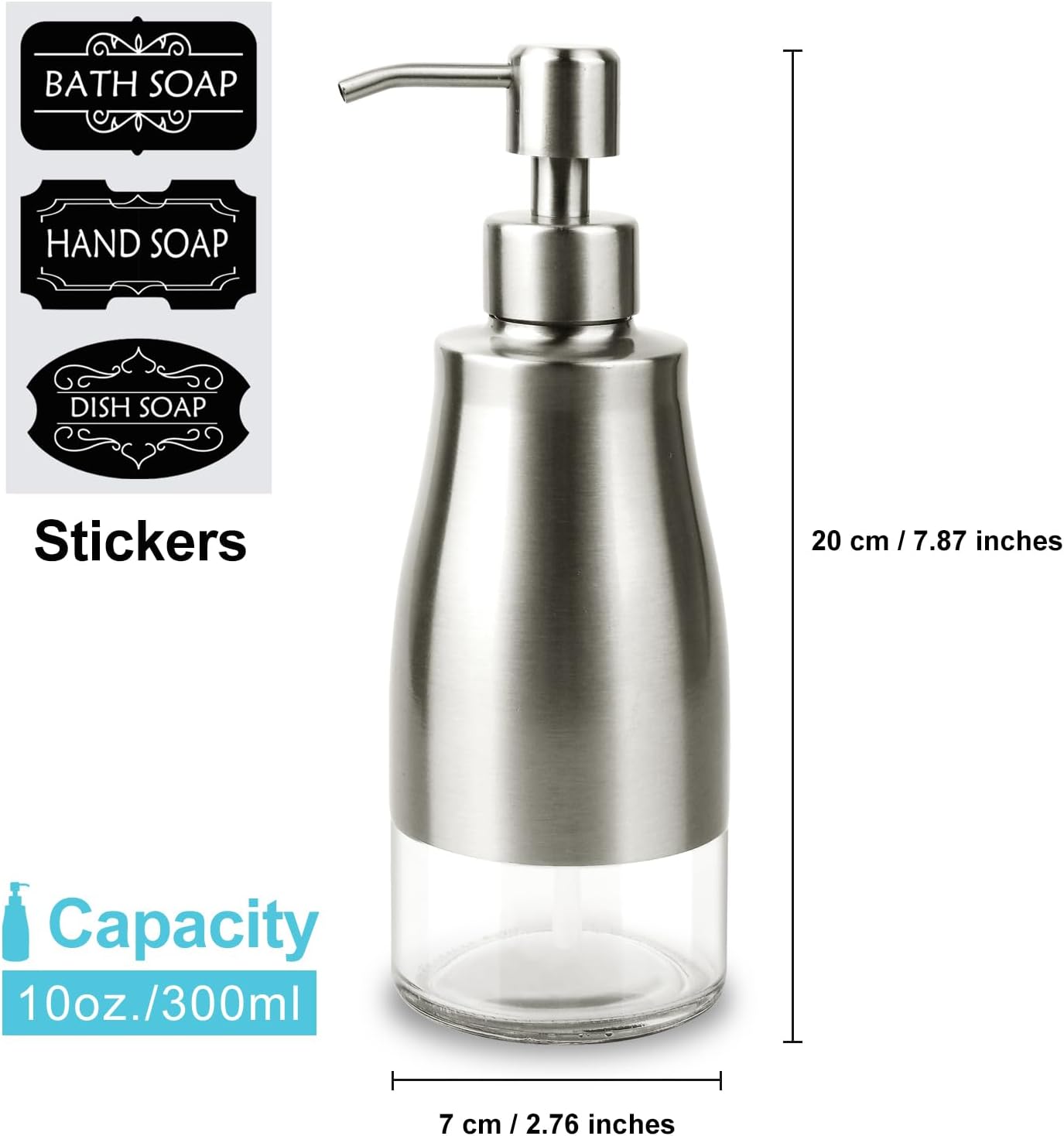 2 Pack Soap Dispenser Stainless Steel Case Glass Liner Hand Pump Dispenser, Refillable Liquid Hand Soap Dispenser for Bathroom & Kitchen - Brushed Nickel, Silver & Black