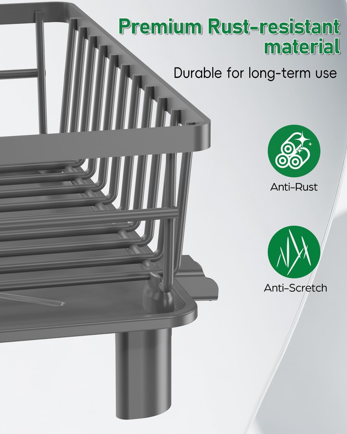 Dish Drying Rack, Stainless Steel Drainer Rack with Drainboard with Smart Drainage System, Space Saving Dish Strainer for Kitchen Counter with Cutlery Holder, Grey