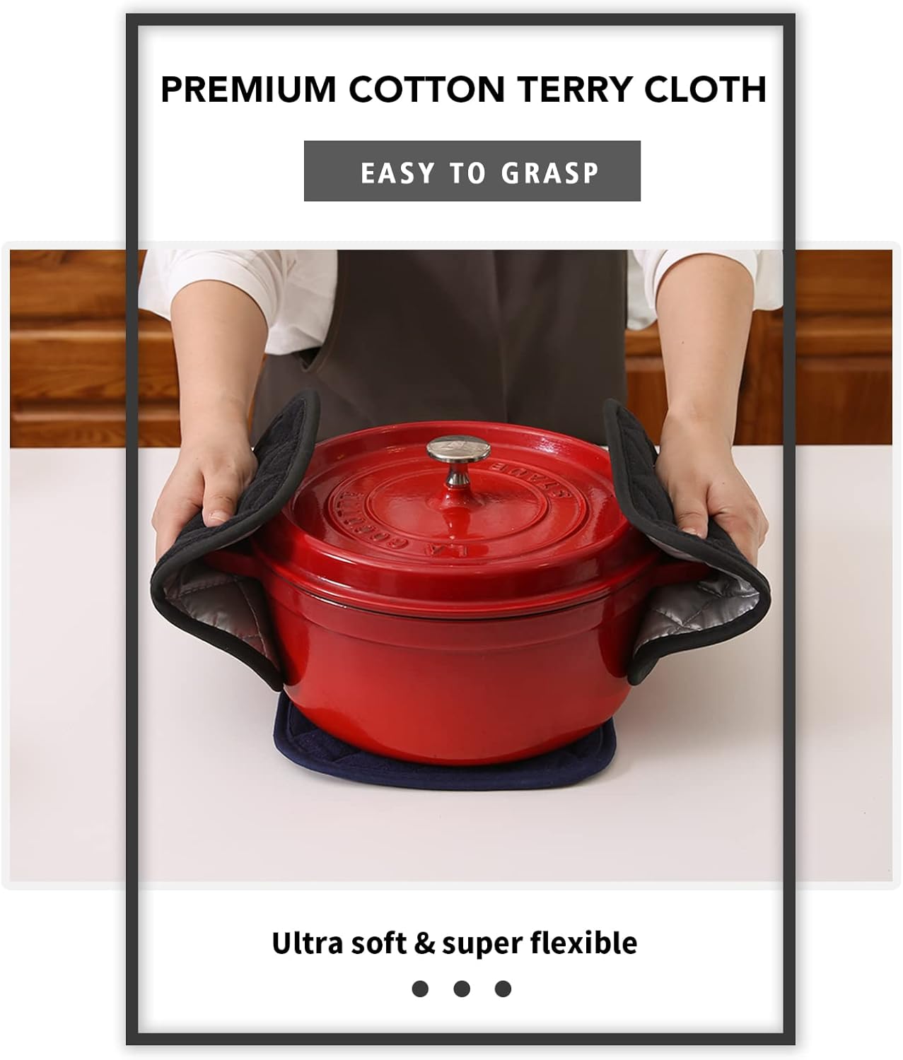 Joyhalo 4 Pack Pot Holders - Heat Resistant Oven Hot Pads, Terry Cloth, Black