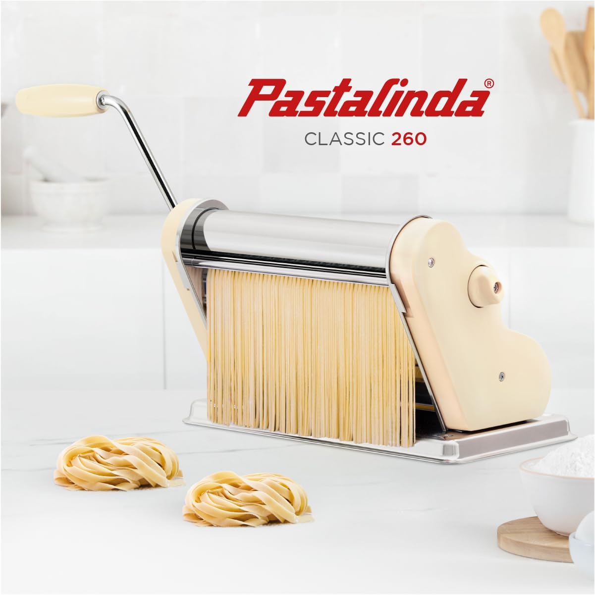 PASTALINDA Classic 260 Pasta Maker Machine, 26 cm Wide Rollers, 9 Thickness Positions, 2 Cutting Positions, Stainless Steel. Includes Reinforced Hand Crank And Two Clamps (Cream)