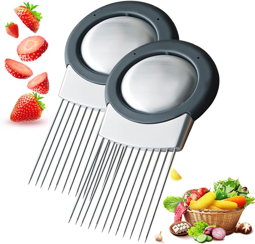 Onion Holder for Slicing, Stainless Steel Onion Slicing Rack, 2024 Upgraded Slicer, Lemon Slicer Vegetable Cutter, Home Kitchen Tools, Fruit, Lemon Slice Aids (2pc)