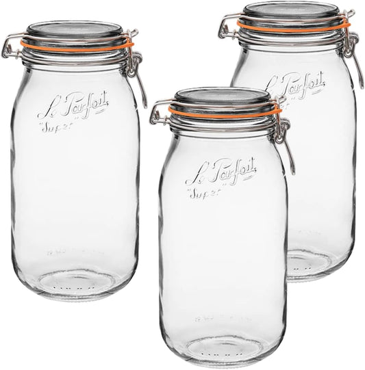 Le Parfait Super Jar, Canning Jars, 2L French Glass Canning Jar w/Round Body, Glass Jars w/Airtight Lid, Canning Jars Wide Mouth, Glass Jar With Lid, Clear Jar, Clear Glass Jars (64oz/2 Quarts, 3 pk)
