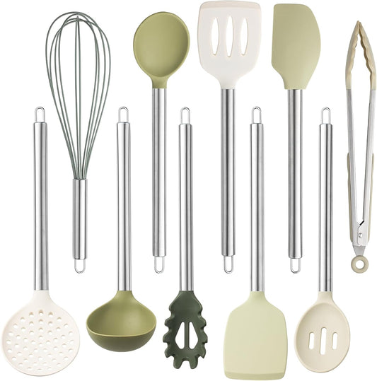 COOK WITH COLOR Silicone Cooking Utensils, Kitchen Utensil Set, Easy to Clean Silicone Kitchen Utensils, Cooking Utensils for Nonstick Cookware, Kitchen Gadgets Set, 10 Pieces, Green