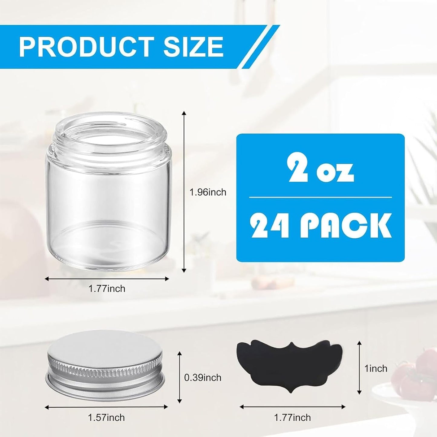 24 Pack 2oz Mini Mason Jars, Mini Mason Glasses Jar with Lids, Mason Jar with Silver Lid and 24 Pcs Labels Round Clear Food Container Spice Jars for Jam, Honey, Wedding Shower Favors