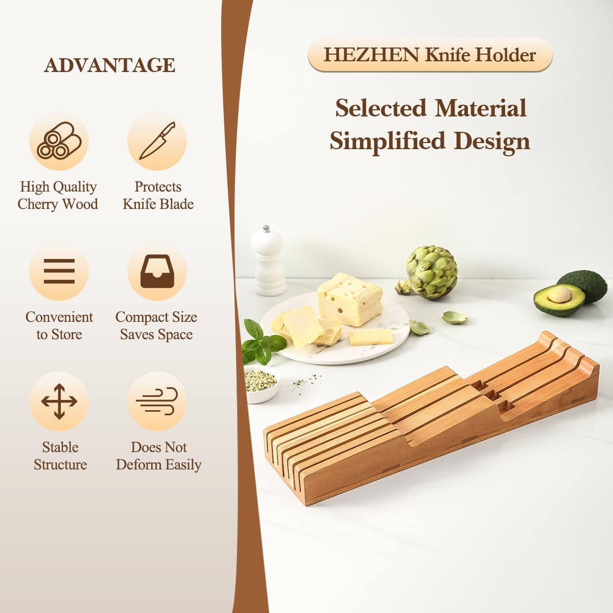 HEZHEN 7-slot Cherry Wood In-drawer Knife Tray,Kitchen Storage Organization Organizer Insert,Saves Countertop Space