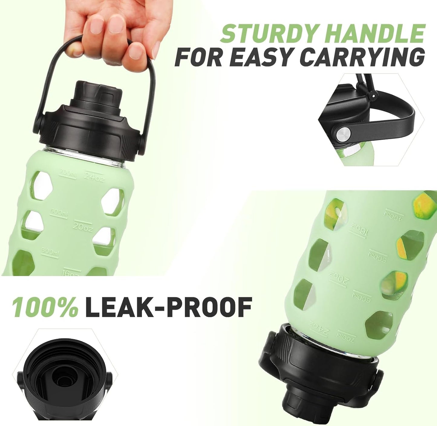 MUKOKO Glass Water Bottles,24oz Glass Tumbler with Straw,Drinking Bottles with 2 Lids-Handle Spout Lid&Bamboo Straw Lid,Motivational Water Bottle with Time Marker and Silicone Sleeve,1 Pack-Mustard