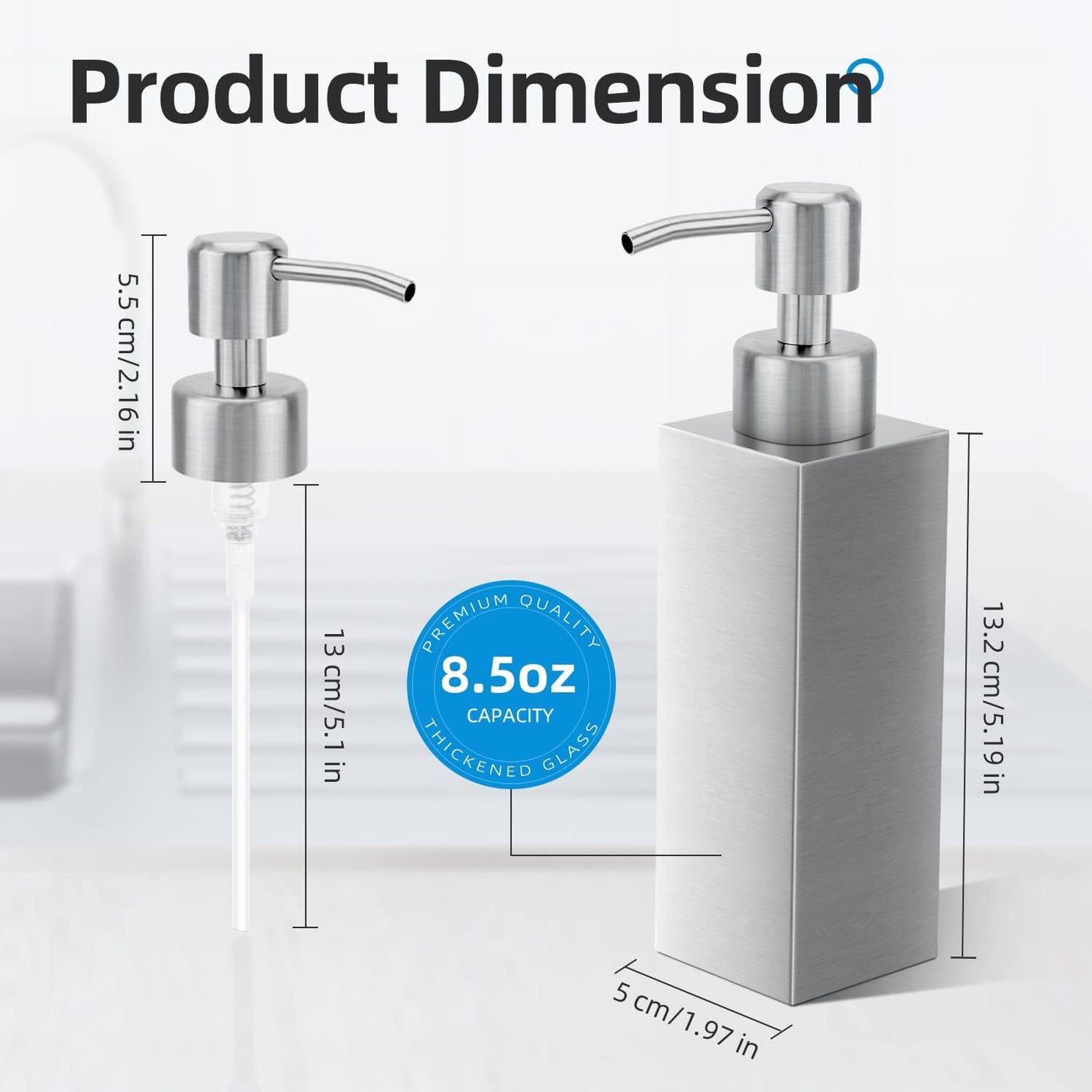 Soap Dispenser with Rust Proof Stainless Steel Pump Refillable for Bathroom and Kitchen Soap Dispenser for Essential Oils, Liquid, Lotions (8.5OZ / 250ML)