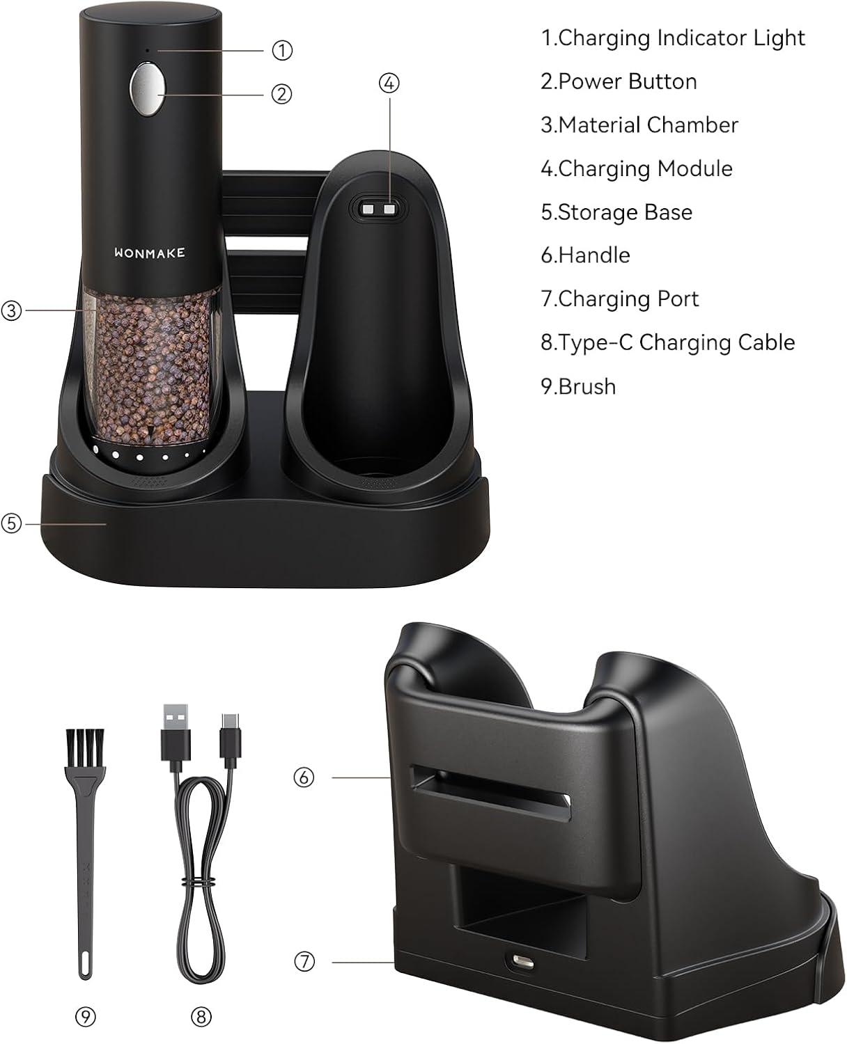 Electric Salt and Pepper Grinder Set - Automatic Refillable Salt and Pepper Grinders with Charging Base & LED Light, Adjustable Coarseness, One-handed Easy Operation, Ideal Kitchen Gadget