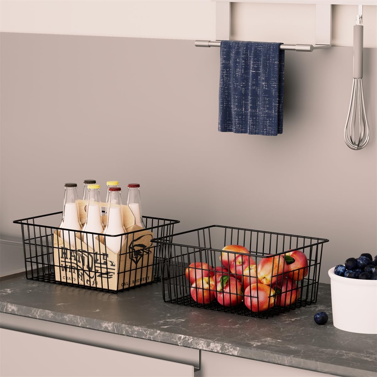 SANNO Large Freezer Baskets Metal Storage Organizer Bin Basket Wire Storage Basket for Kitchen Pantry Bathroom Large Metal Farmhouse Food Fruit Produce Organizer Bins,black,8