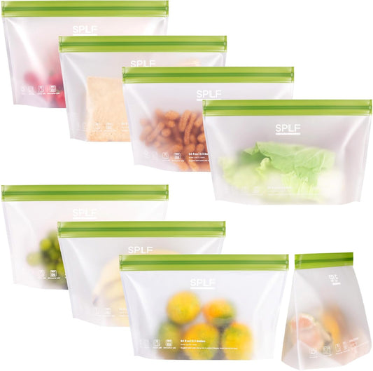 SPLF 8 Pack Stand-Up Reusable Half Gallon Freezer Bags Dishwasher Safe, Extra Thick Leakproof 1/2 Gallon Food Storage Bags, BPA Free Silicone for Meal Prep, Marinate, Veggies, Fridge Organization