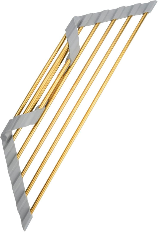 Snailhouse Small Triangle Roll Up Dish Drying Rack, Stainless Steel Kitchen Foldable Sink Caddy Organizer Sponge Holder for Sink Corner, Gold