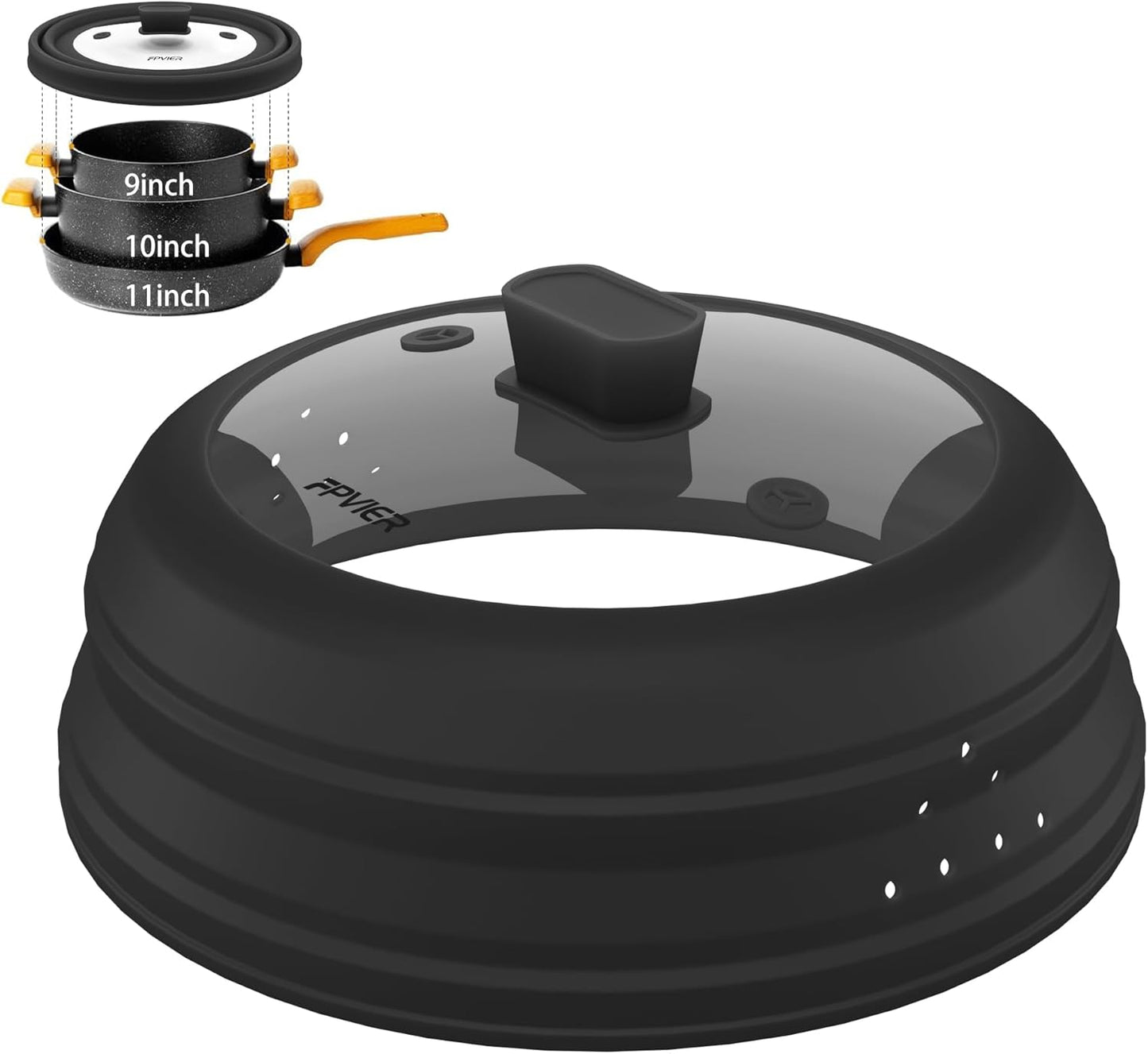 Microwave Splatter Cover, Collapsible Silicone Microwave Plate Cover with Glass for Food Splatter Guard Lid 11.8 inch Black