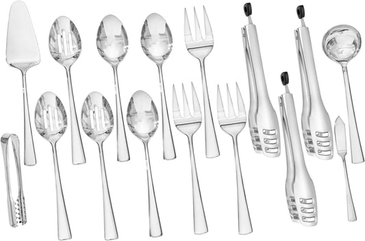 KINGSTONE 16 Piece Serving Utensils Set, 18/10 Stainless Steel Serving Utensils, Slotted Spoon, Fork, Tong, Soup Ladle, Cake Server, Butter Knife and Ice Tong for Buffet, Parties, Kitchen