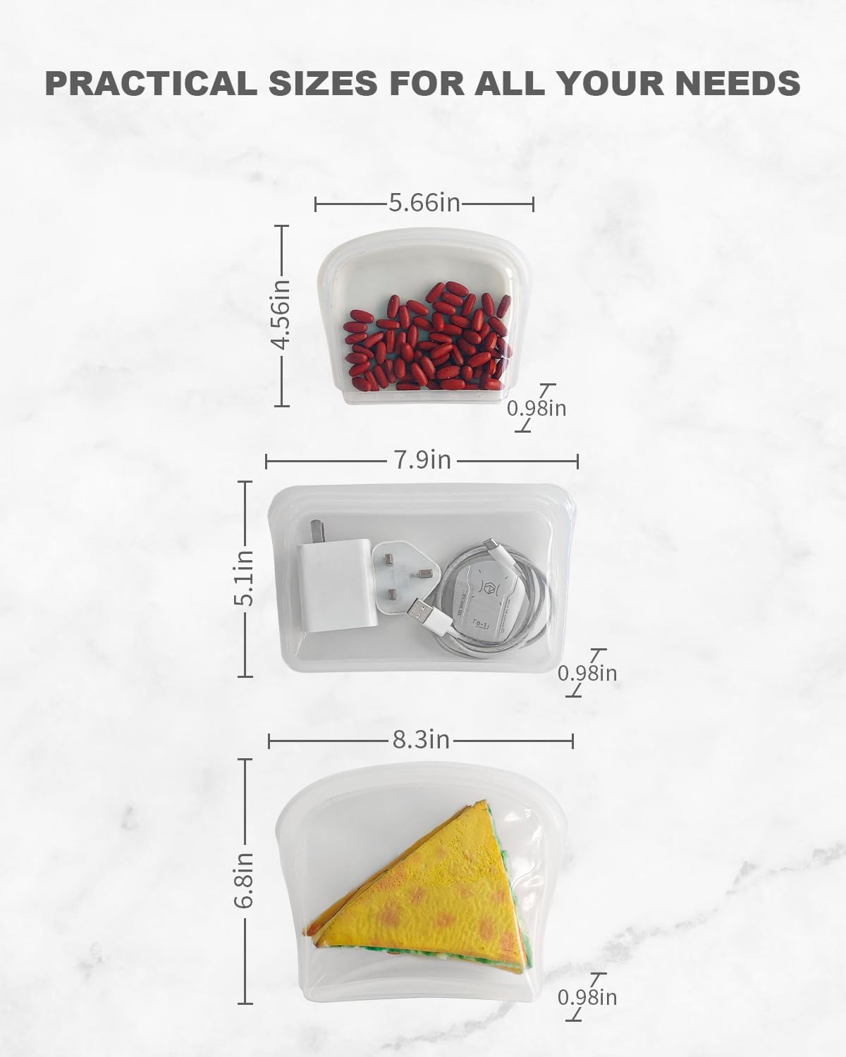 Reusable Silicone Storage Bag, 8Pack Pocket, Snack, and Sandwich Bag, Endurables Seal-Top Silicone Bags for Food Storage, Freezer, Microwave, Oven, Dishwasher Safe (Clear & Peach)