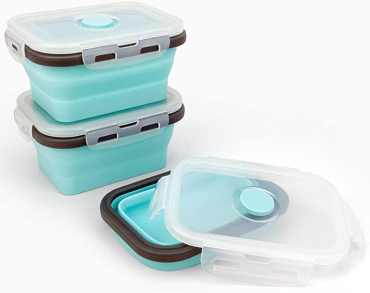 CCyanzi 3piece Collapsible Food Storage Containers with Lids, Silicone Lunch Container, Microwave & Freezer Safe, Space Saving for Kitchen Cabinet and Camping Backpack,(blue gray)