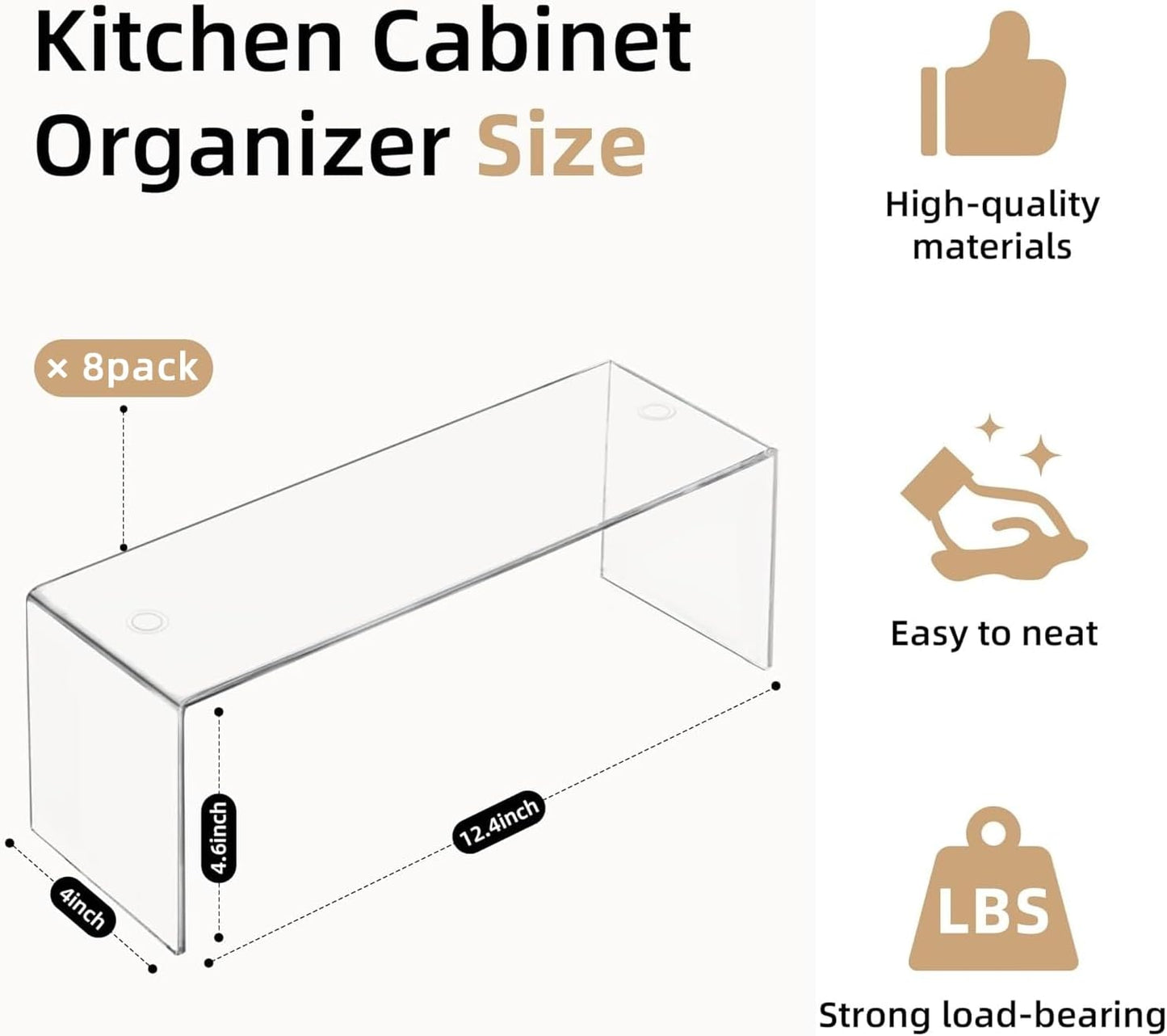 8 Packs Cabinet Organizer Shelf, Acrylic kitchen Cabinet Shelves, Shelf Riser for Dishes, Spices, Soda Cans and Bottles（12.4 x 4 x 4.6 inch）