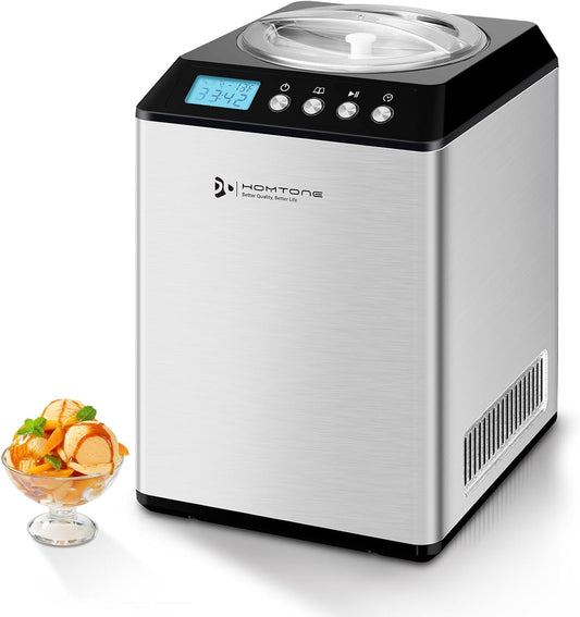 Homtone 2.64QT Ice Cream Maker with Compressor, Largest Capacity Automatic Ice Cream Maker Machine - No Pre Freezing, Gelato Maker with 3 Modes, LCD Digital Display, All Stainless Steel, 2H Keep Cool