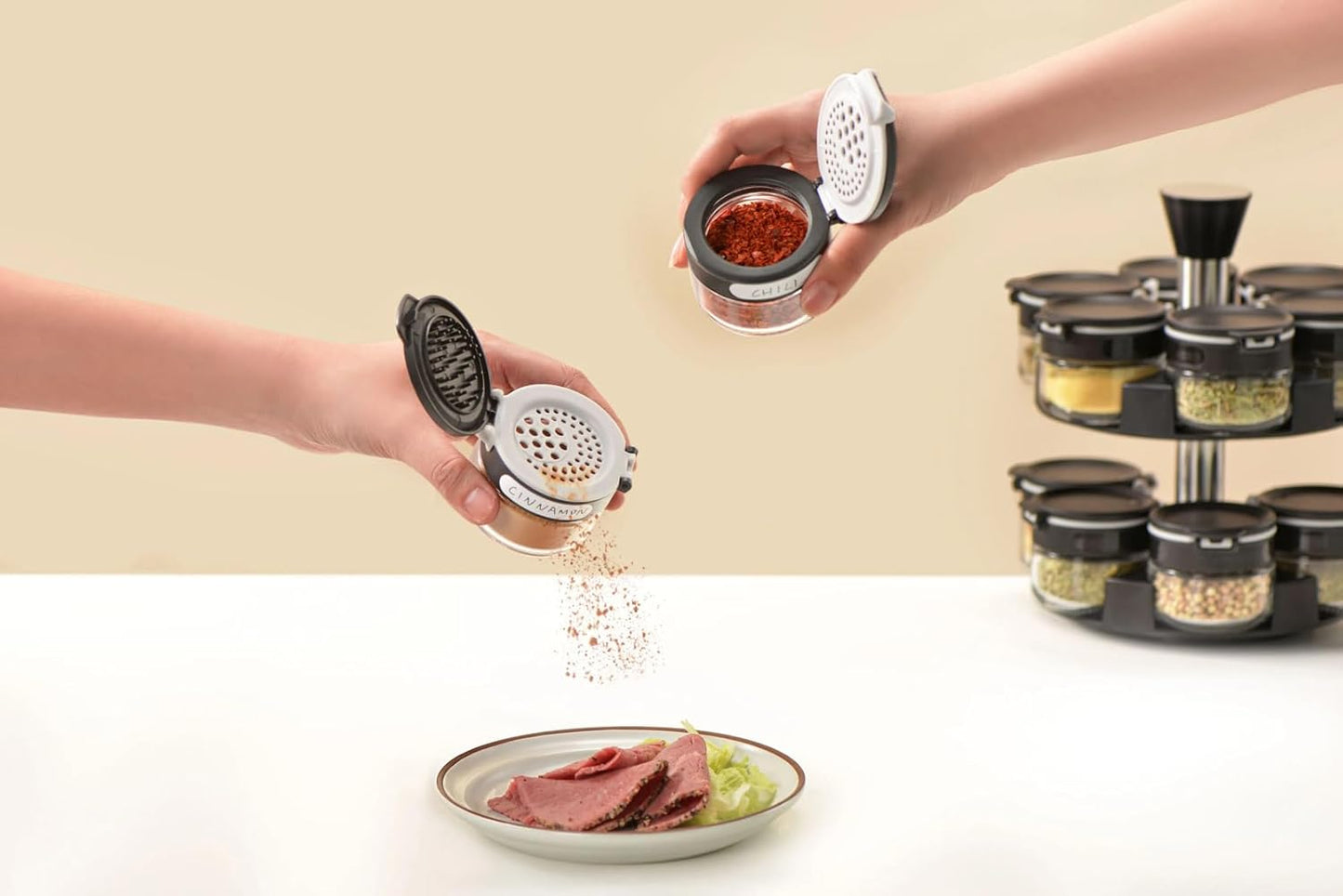 360 rotating 2 tier jars spice rack (6 small 6 large spice jars) Revolving Seasoning Organizer. Spinning Spice Rack for Counter top and Cabinet WITH Custom Label Stickers.