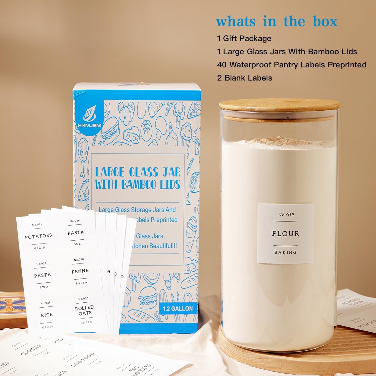 1.2 Gallon Large Glass Grain Storage Container With Airtight Bamboo Lid - Kitchen Glass Storage Jars With 42 Pantry Labels - Thicken Big Clear Rice and Flour Containers For Your Pantry
