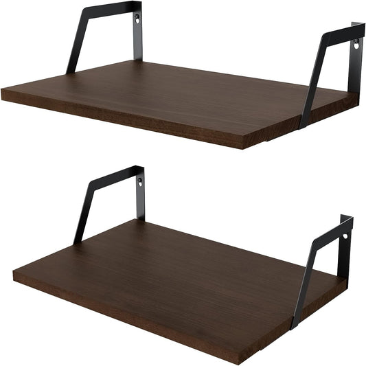 SRIWATANA Floating Shelves Wall Mounted Set of 2 Rustic Wood Shelves with Large Capacity(Dark Walnut)