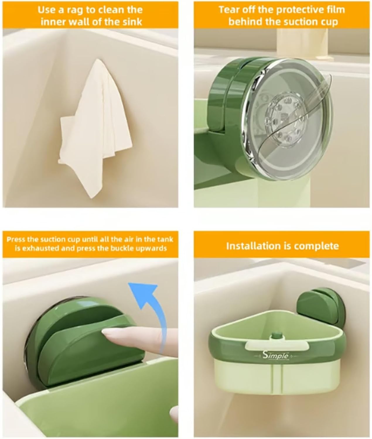 Suction Cup Sink Corner Rack, Curetoaway Corner Sink Strainer, Sink Trash Catcher, Plastic Triangular Baskets Corner Hanging, Rust Resistant, for Kitchen Food Waste (2Pcs Yellow)