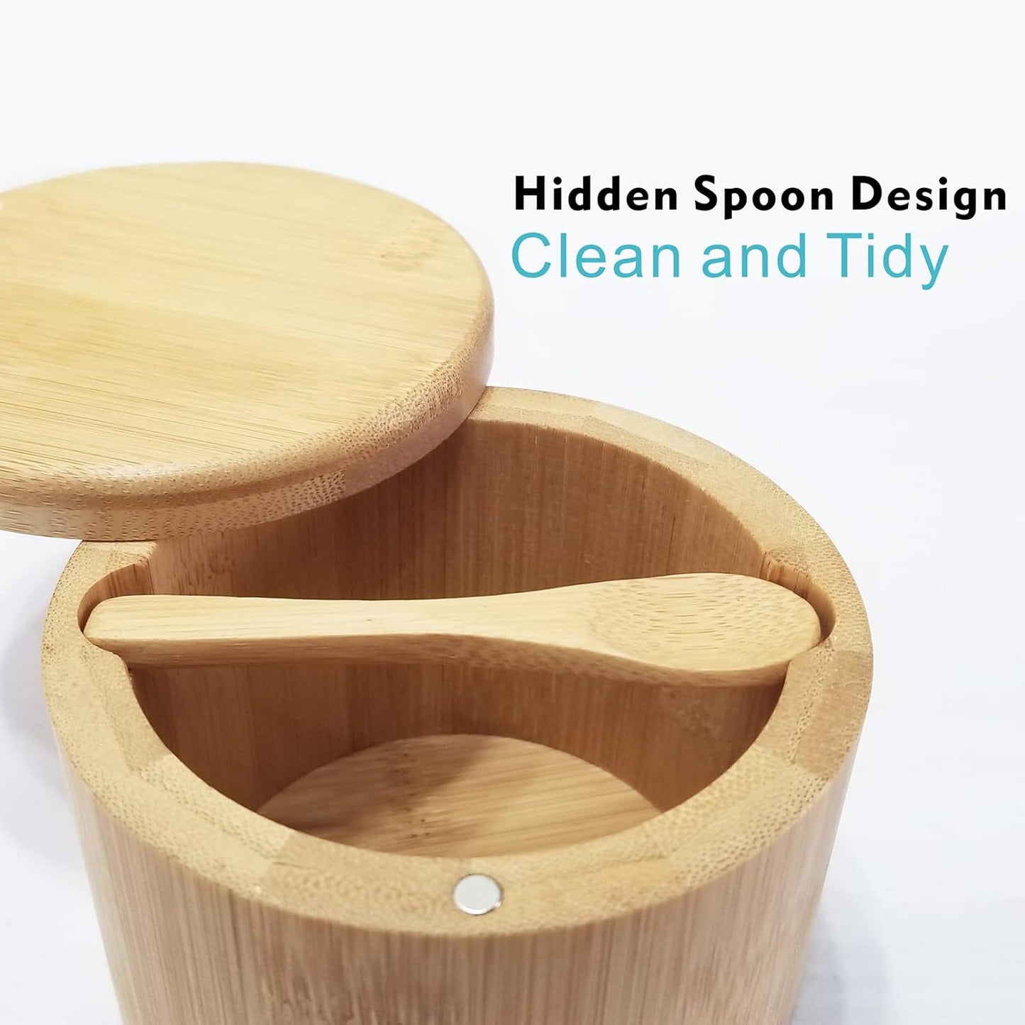 Salt Box with Lid and Spoon Bamboo Container Kitchen Spice Cellars with Swivel Lid Built in Spoon Salt Holder for Storage Sea Salt 12oz Capacity Large Keeper