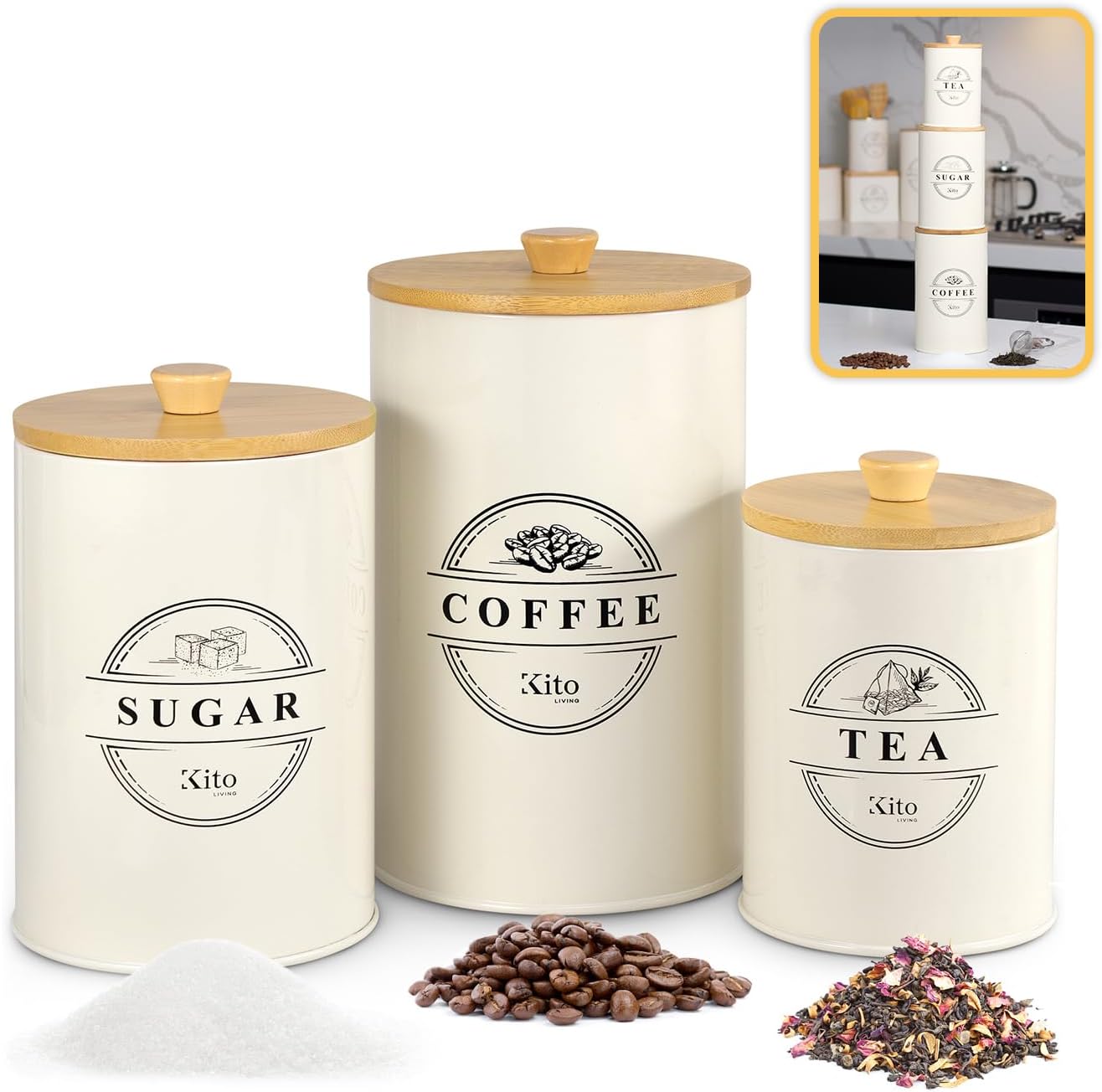 Canisters Sets for Kitchen Counter Storage and Organization with Wooden Bamboo Lids, Food Pantry Containers, Stackable Steel Storage Bins, Airtight Sugar Tea Coffee Canisters - Cream