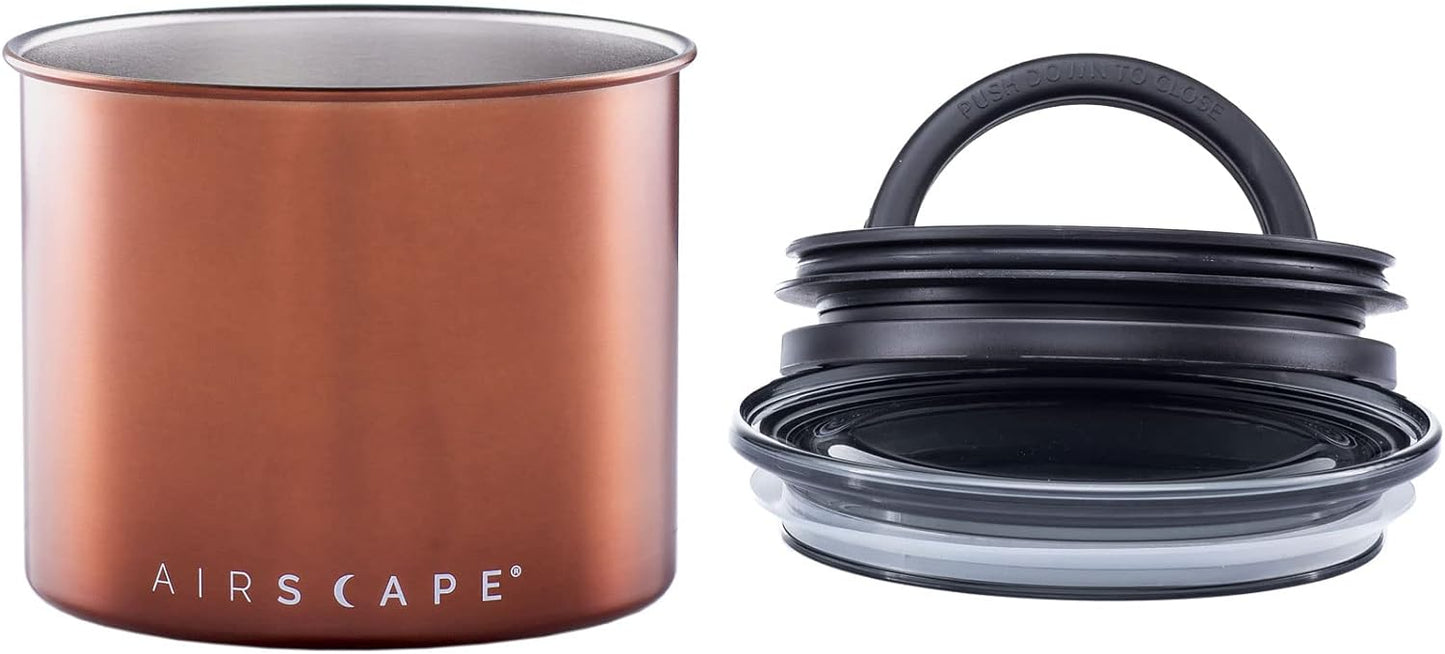 Planetary Design Airscape Stainless Steel Coffee Canister | Food Storage Container | US Patented Airtight Lid | Push Out Excess Air Preserve Food Freshness (Small, Brushed Copper)