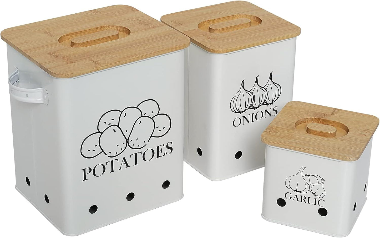 Kitchen Canisters Set, Storage Bin for Potato Onion & Garlic, 3 Pack Set Countertop Pots Containers with Wooden Lid - Potato Storage, Garlic Bin, Onion Keeper Tin with Aerating Holes-White