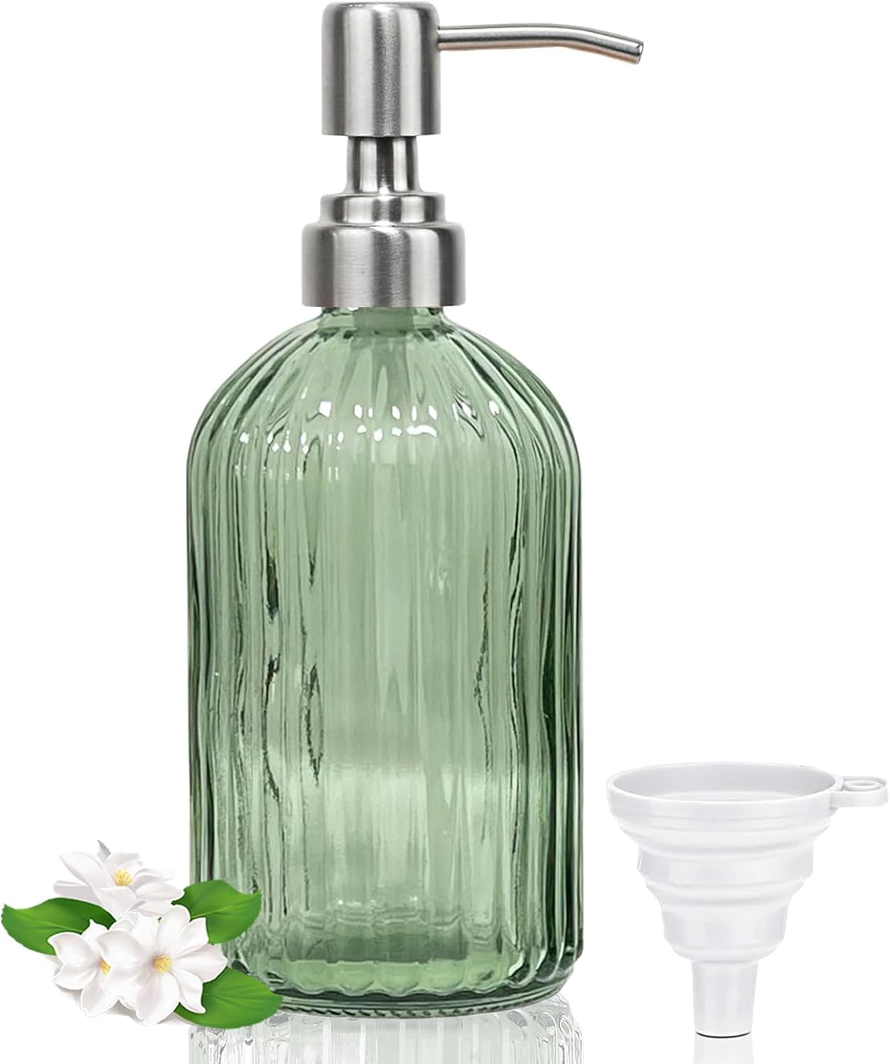 14Oz Green Soap Dispenser Bathroom, Clear Glass Hand Soap Dispensers with Stainless Steel Pump, Refillable Dish Soap Dispenser with Funnel for Kitchen, Countertop Soap Dispensers