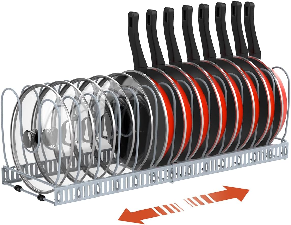 Housolution Pot and Pan Organizer Rack for Cabinet, Upgraded Expandable Pot Lid Organizer with 14 Adjustable Dividers, Pan Holder Storage Rack for Kitchen Cabinet, Grey