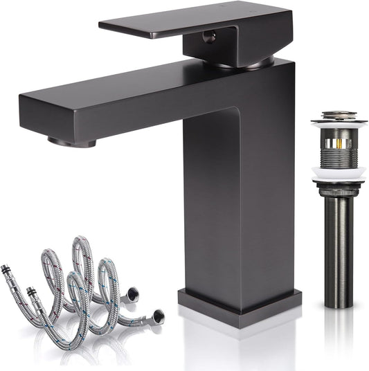 Solid Brass Brushed Grey 1 Hole Bathroom Faucet, cUPC & CEC Certified Single Hole Faucet for Bathroom Sink with Water Supply Hoses & Pop Up Drain Stopper